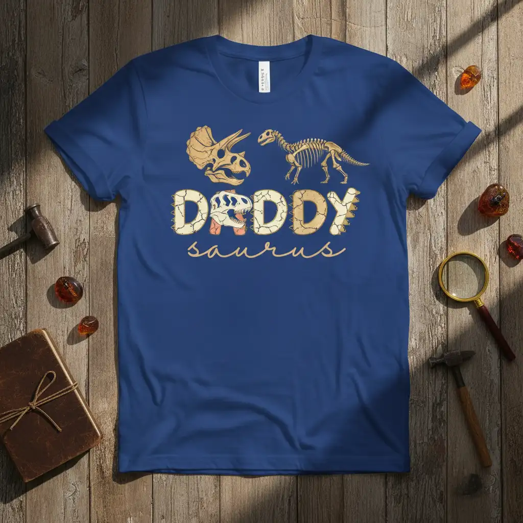 Daddy Saurus text and dinosaur skeleton graphic on a blue t-shirt, perfect for a dinosaur-loving dad