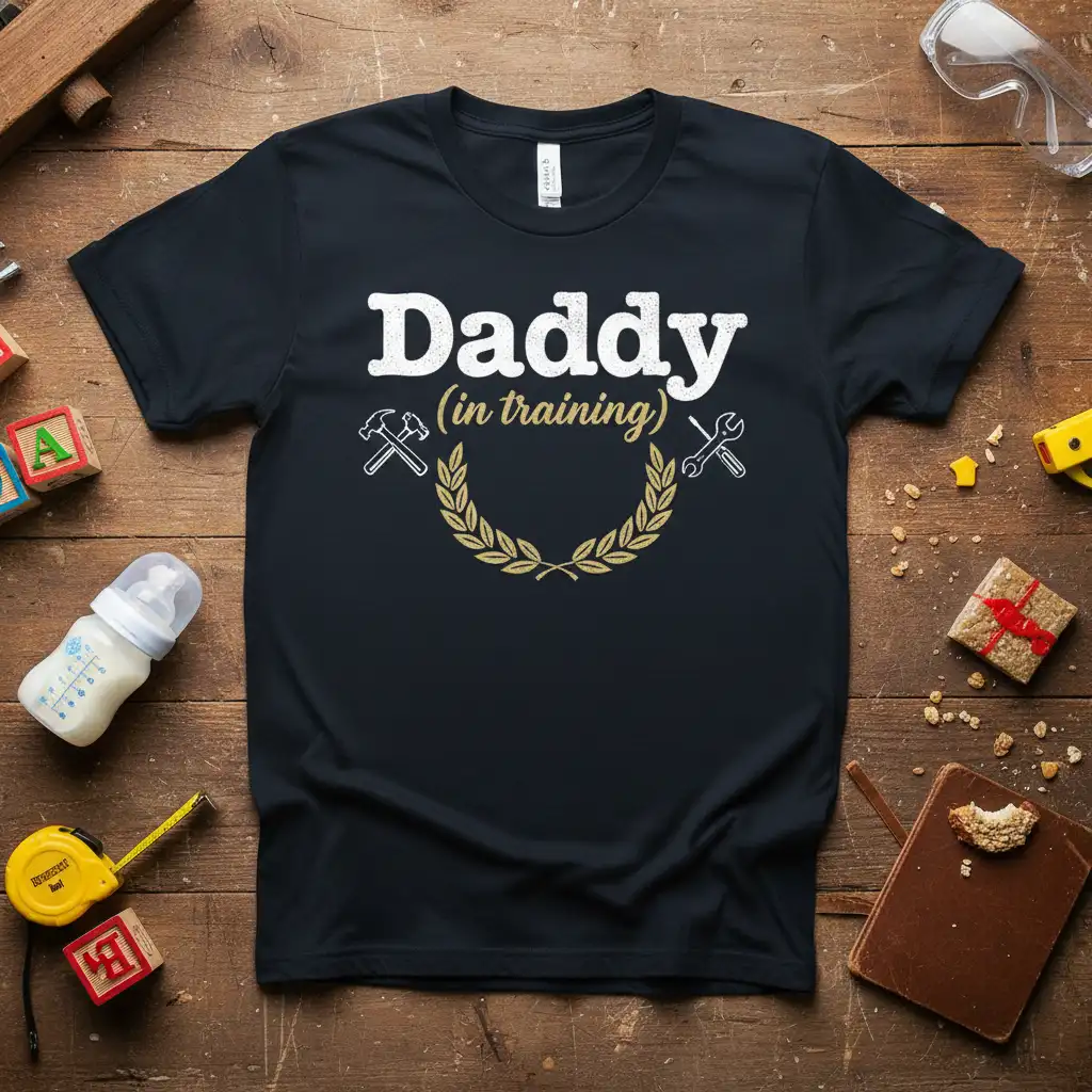 Daddy in training quote with hammer and wrench graphics on a black t-shirt for expectant fathers