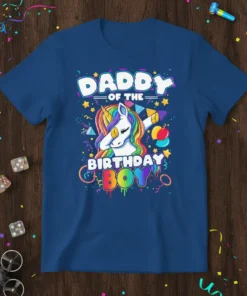 Daddy of the Birthday Boy text with a dabbing unicorn graphic and party elements on a blue t-shirt