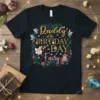 Daddy of the Birthday Day Fairy text with fairy graphics and floral wreath on a black t-shirt