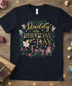 Daddy of the Birthday Day Fairy text with fairy graphics and floral wreath on a black t-shirt