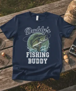 Daddy's Fishing Buddy T-Shirt design with a leaping bass fish and text in vintage style