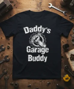 Daddy's Garage Buddy t-shirt with distressed white text and a graphic of a hand holding a wrench within a gear