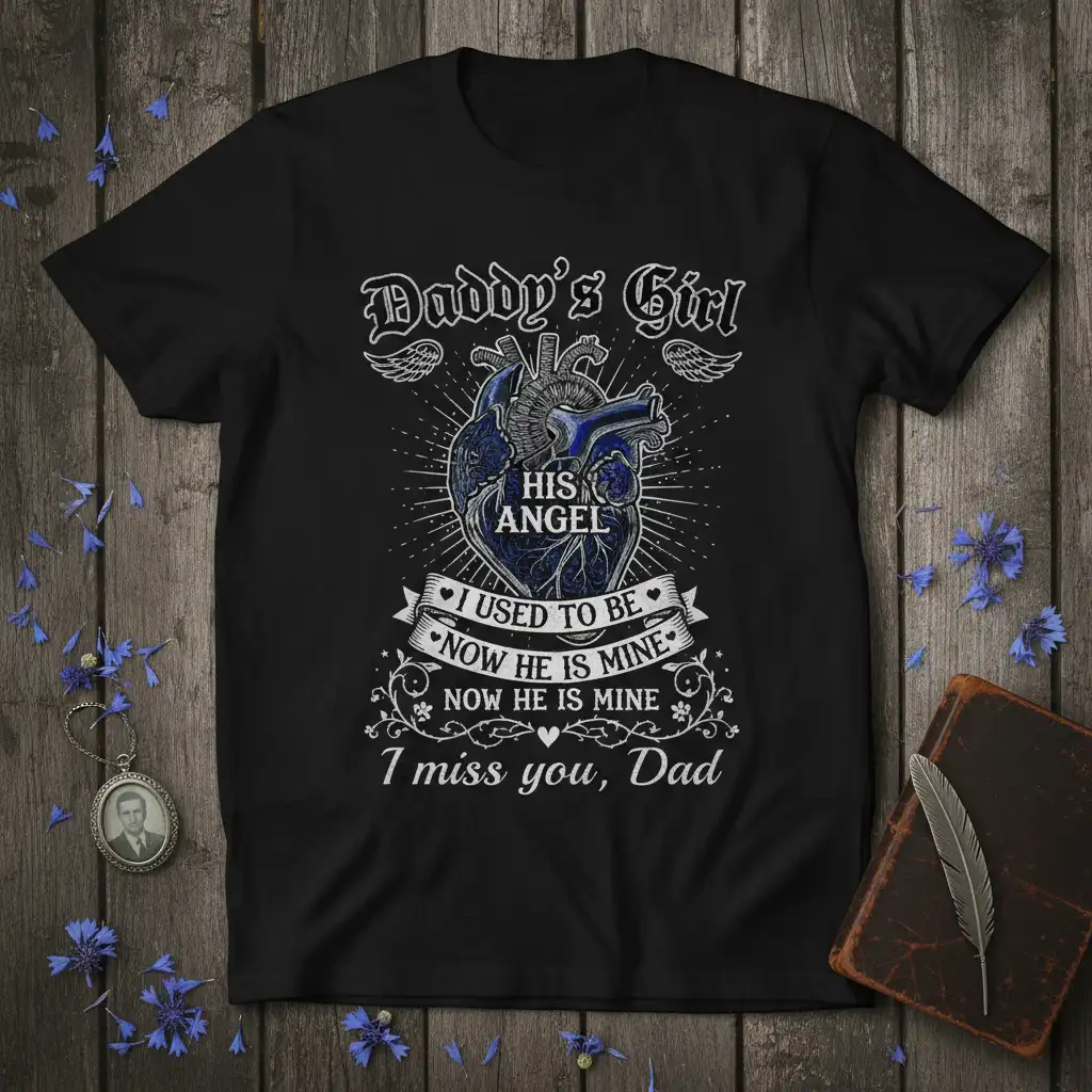 Daddy's Girl His Angel I miss you Dad quote on a black t-shirt with anatomical heart and wings graphic