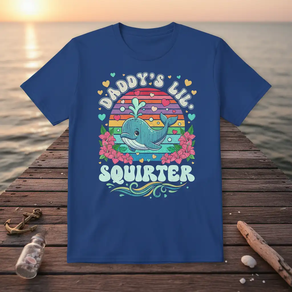 Daddy's Lil Squirter cute whale t-shirt design with rainbow background and floral accents