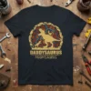 Daddysaurus D DD DYSYSAURUS text with T-Rex and baby dinosaur graphic on a navy t-shirt