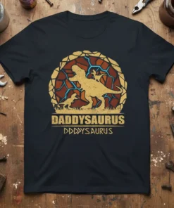 Daddysaurus D DD DYSYSAURUS text with T-Rex and baby dinosaur graphic on a navy t-shirt