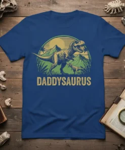 Daddysaurus text with T-Rex and baby dinosaur graphic on a blue t-shirt, prehistoric jungle theme