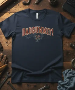 Navy blue t-shirt with "DADGUMMIT!" in distressed red and yellow lettering, featuring gears and tools graphic