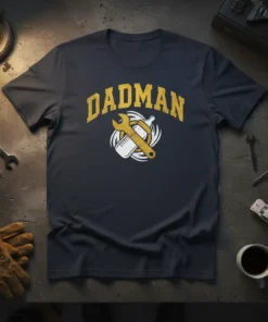Dadman T-Shirt featuring the text "DADMAN" in distressed yellow font with a wrench and baby bottle graphic