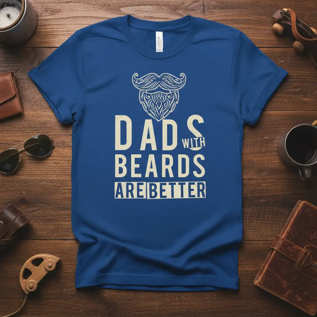 Dads With Beards Are Better quote with beard graphic on a royal blue tee for dads