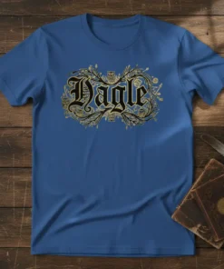 Dagle text design with gothic owls and enchanted forest branches, black and gold vintage style