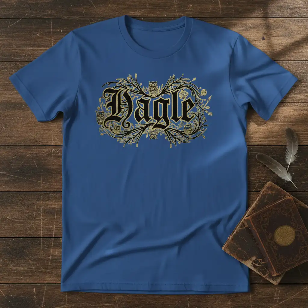 Dagle text design featuring gothic owls and enchanted forest elements in black and gold