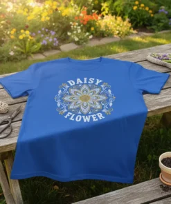 Blue t-shirt with white and gold Daisy Flower mandala design in the center
