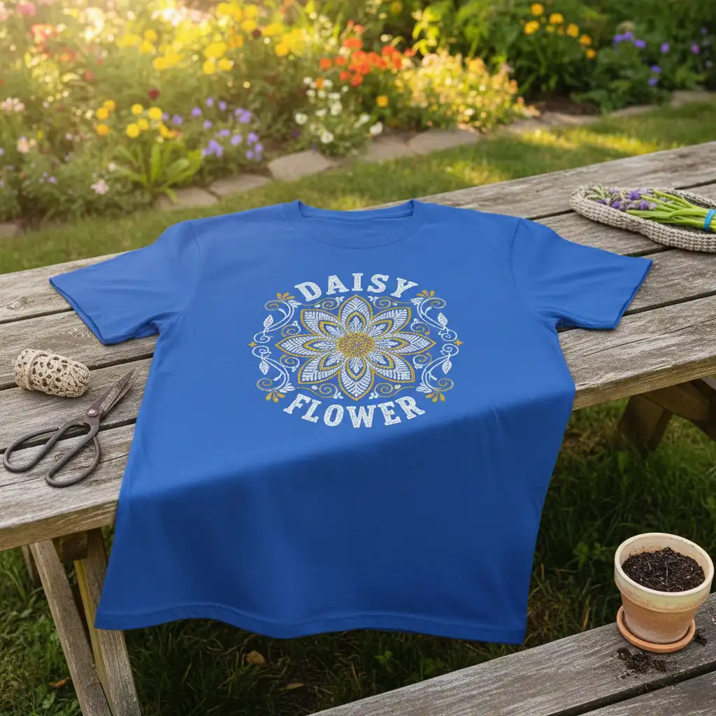 Blue t-shirt featuring a white and gold Daisy Flower mandala graphic, perfect for nature lovers