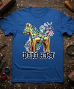 Dala Häst Swedish horse design with colorful floral accents and traditional text on a blue t-shirt