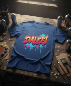 DALEE! text in vibrant graffiti style with flames and drips on a navy blue t-shirt