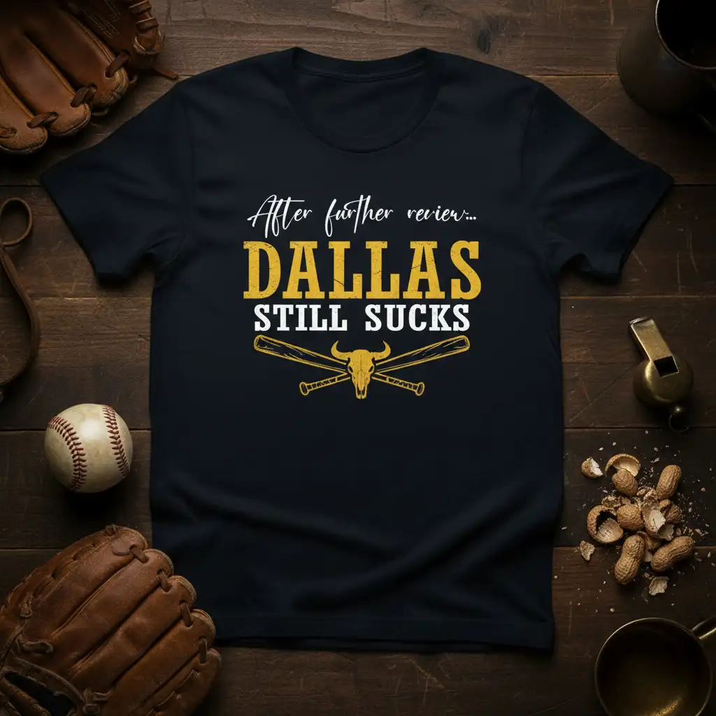 After further review... DALLAS STILL SUCKS detailed print printed on durable material creating a standout t-shirt