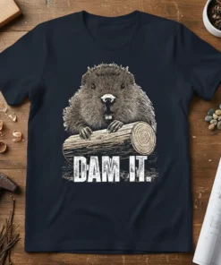 Dam It. phrase with a cartoon beaver holding a log, printed on a navy blue t-shirt