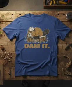 Funny "DAM IT." t-shirt design featuring a beaver wearing a hard hat and building a dam, with construction humor text