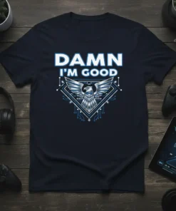 Damn I'm Good text with a metallic eagle emblem on a navy t-shirt
