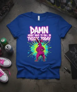 Damn Might Have To Call In Thicc Today text with a muscular pink bunny graphic, spray paint splatters, on a