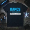 Dance Brother Supportive But Bored text design with blue distressed font on a navy t-shirt