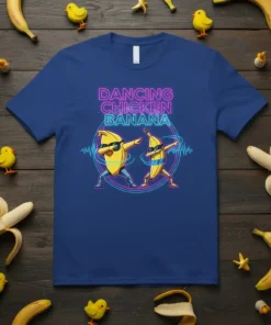 Dancing Chicken Banana text with two dabbing bananas wearing sunglasses on a graphic tee
