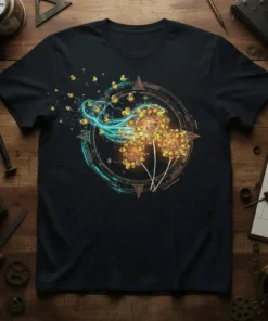 Black t-shirt featuring a Dandelion Compass Design with glowing blue accents and blowing seeds