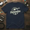 Danenetro text with electric guitar graphic and lightning bolts on a navy t-shirt, vintage style