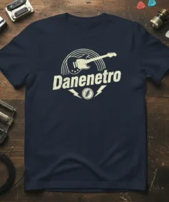 Danenetro text with electric guitar graphic and lightning bolts on a navy t-shirt, vintage style