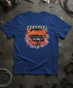 DANGER Is My Middle Name quote t-shirt with lightning and shield graphic in red and black