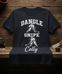 Dangle Snipe Celly hockey quote t-shirt with white text and graphics of hockey players