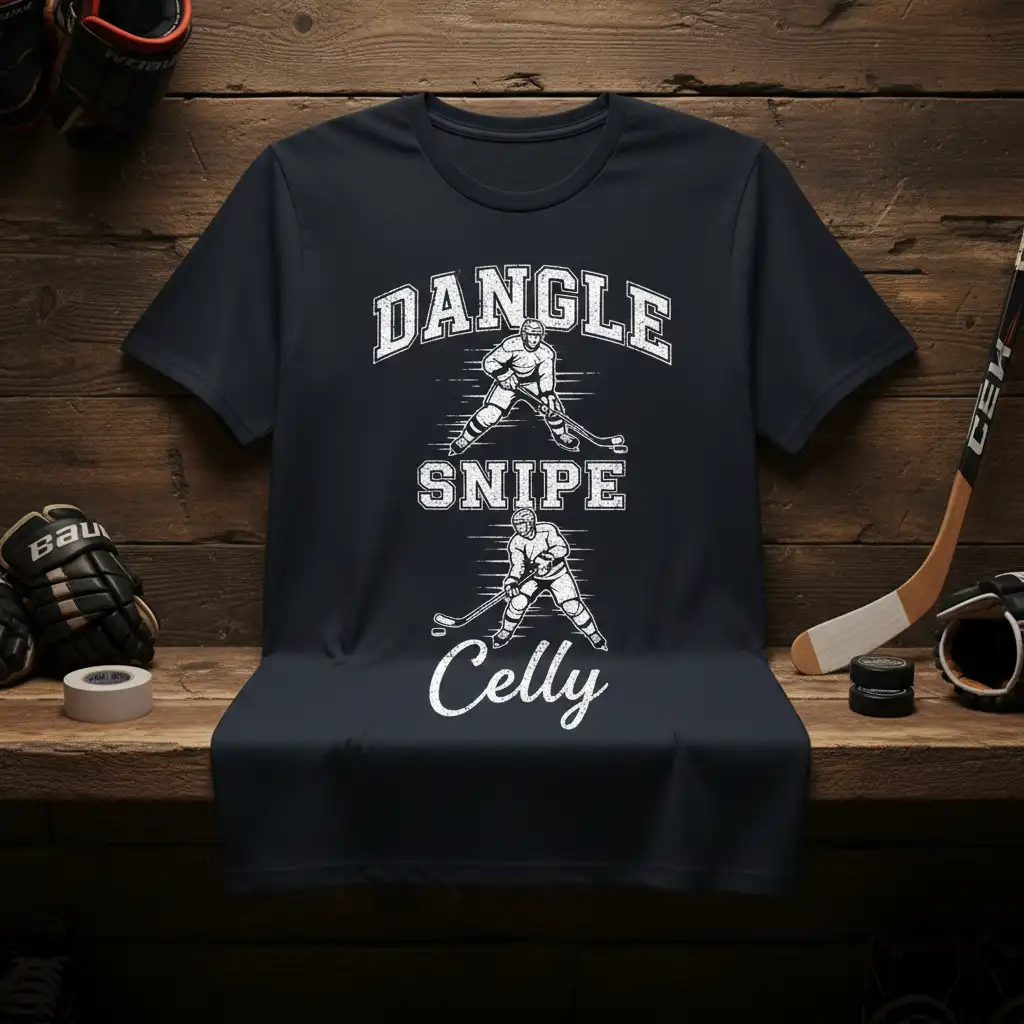 Dangle Snipe Celly hockey quote text with action graphics of hockey players on a t-shirt