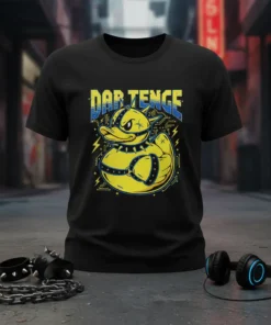Black t-shirt with "DAR TENCE" text above a yellow cartoon duck wearing a studded collar and straps, surrounded by lightning