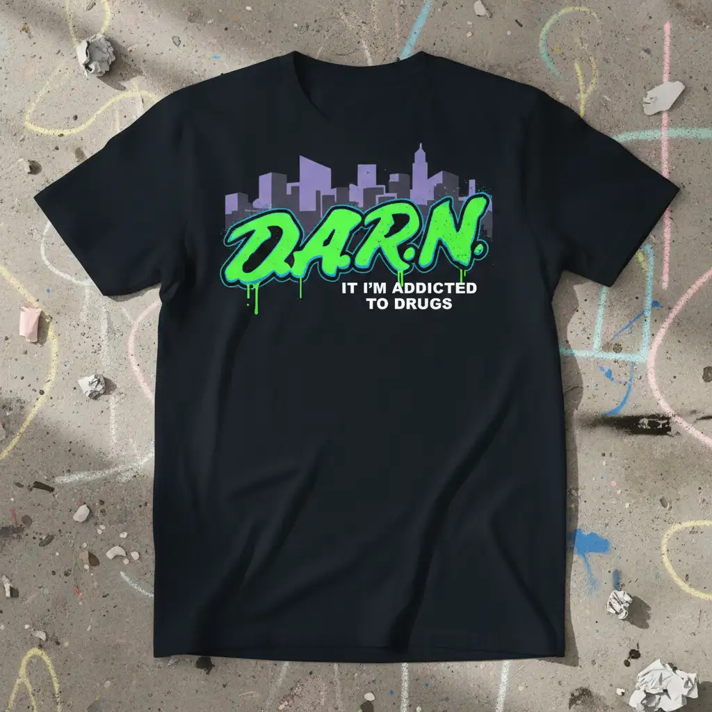 DARN IT I'M ADDICTED TO DRUGS text design with graffiti lettering and cityscape graphic on black t-shirt