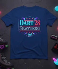 Dart '28 Skattebo text and retro graphics on a navy blue t-shirt