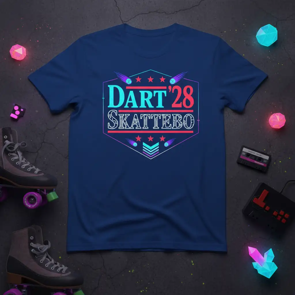 DART '28 SKATTEBO vintage text and retro badge design on a navy blue shirt