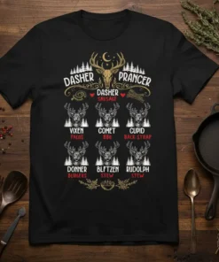 Dasher Prancer Dasher Sausage Vixen Tacos Comet BBQ Cupid Back Strap Donner Burgers Blitzen Stew Rudolph Stew text on a
