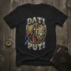 Dati Puti text above a medieval knight in detailed armor holding a shield and spear on a black t-shirt
