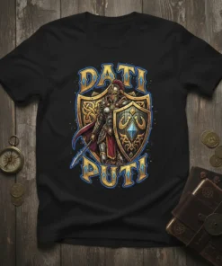 Dati Puti text above a medieval knight in detailed armor holding a shield and spear on a black t-shirt