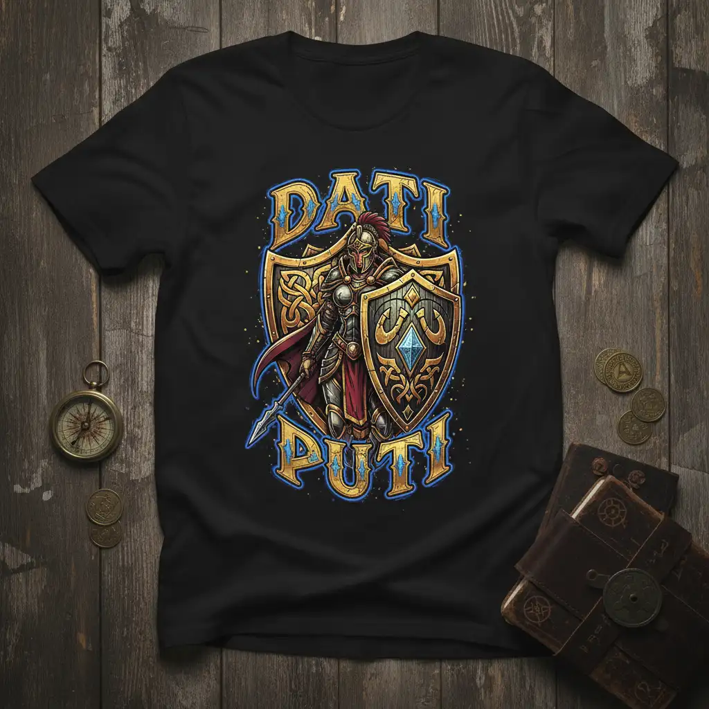 DATI PUTI text and medieval knight in armor with shield and spear on a t-shirt graphic