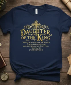 Navy t-shirt with gold lettering: Daughter of the King verse 2 Corinthians 6:18, featuring ornate cross graphic