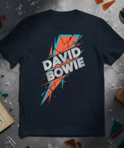 Navy blue t-shirt with "DAVID BOWIE" in white and grey text across a stylized orange and teal lightning bolt graphic