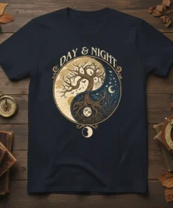 Day & Night Tree of Life Yin Yang T-Shirt featuring a circular design with a tree split into day and