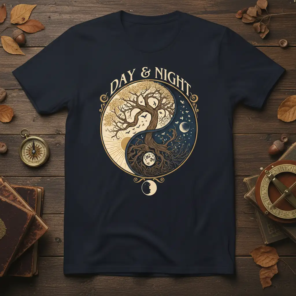 Day & Night Tree of Life Yin Yang T-Shirt design with celestial elements and spiritual symbolism