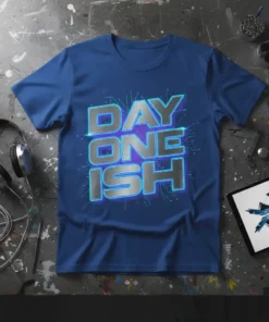 Day One Ish text graphic on a blue t-shirt, featuring metallic silver letters with blue neon accents and digital circuit