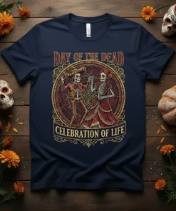 Day of the Dead Celebration of Life t-shirt featuring dancing skeleton couple in traditional attire