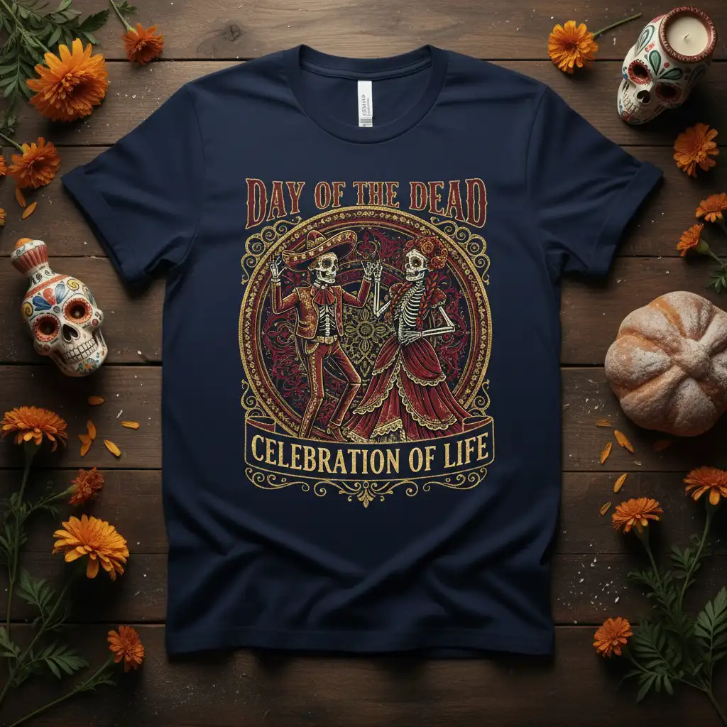 Day of the Dead Celebration of Life text and dancing skeleton couple graphic on a navy t-shirt