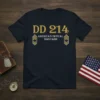 DD 214 America's Offical Man Card quote on a navy t-shirt, featuring military chevron graphics